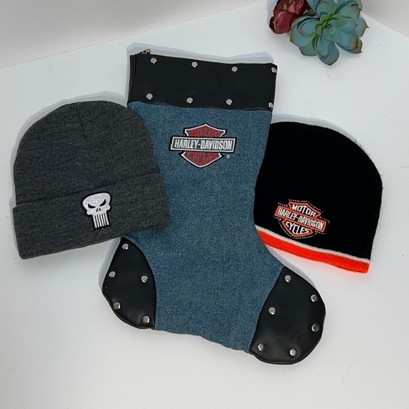 Winter Biker Bundle Two Beannies And Christmas Stocking - Picture 1 of 8